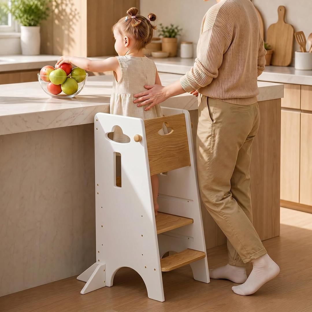 COSYLAND Toddler Tower Toddler Standing Kitchen Stool
Super Stable Toddler Kitchen Tower Helper, 3 Levels Adjustable Wooden Learning Tower for Kids (Natural & White)
