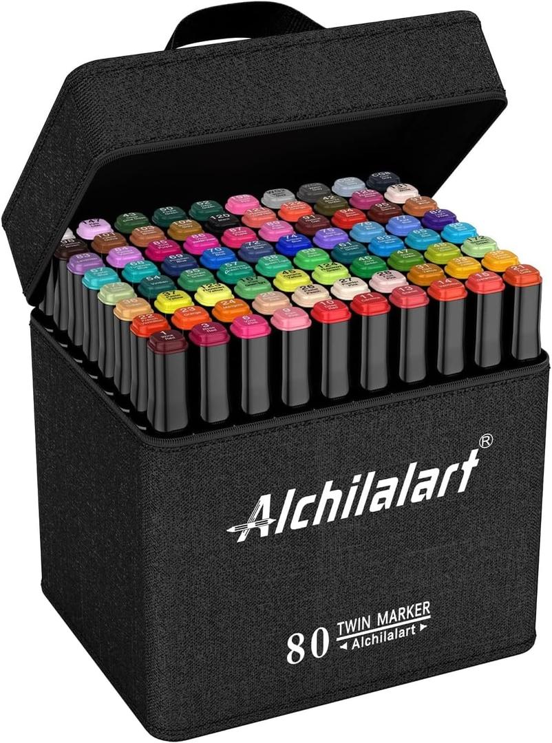 alchilalart 80-Colors Markers Set, Dual Tip Art Markers with Case, Premium Artist Pens for Adult Coloring Books, Journaling, Sketching, Manga, Card Making, Gifts for Teens & Women