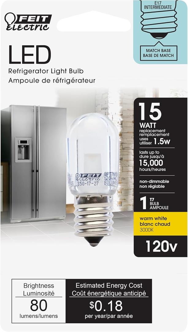 Feit Electric T7 LED Light Bulb, 15W Equivalent, 1.5W, 80 Lumens, E17 Base, Warm White 3000K, Non-Dimmable, Energy-Saving Refrigerator & Indicator Bulb, 15,000 Hour Lifespan, BPT7N/SU/LED