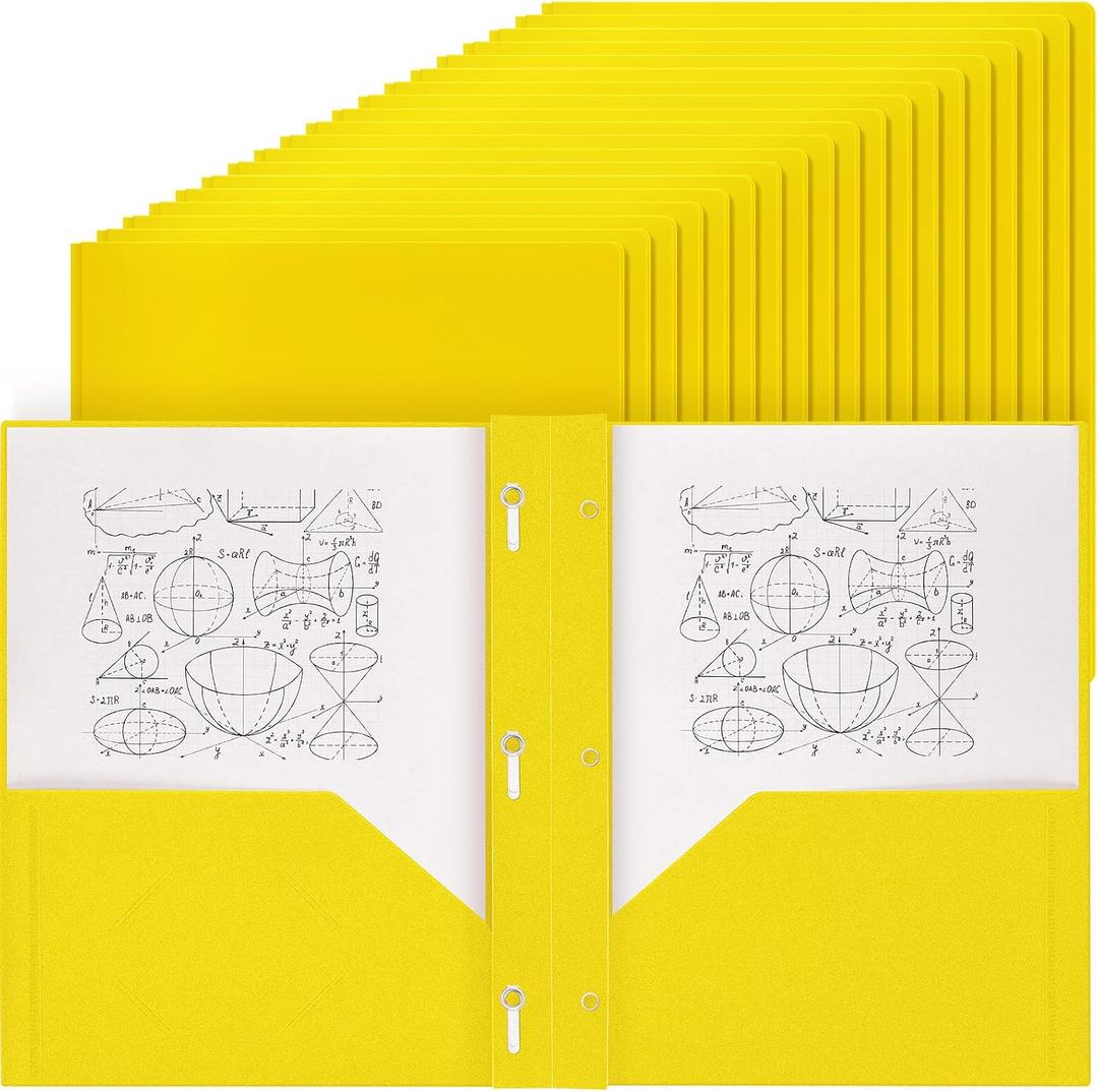 Yeaqee 150 Pack Plastic Folders with Prongs Heavy Duty Plastic 2 Pocket Folder with 3 Prongs, Business Card Slot for Back to School Office Home 11.6 x 9.5 Inch (Yellow)