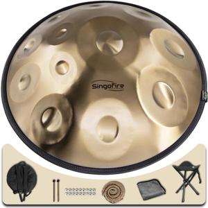 "SINGOFIRE" 12-Notes Handpan Drum, Handpan Drums for Adults, 22-Inch 440Hz D Minor Kurd Handpan, HandPan Instrument with Soft Handpan Bag, 2 Handpan Mallets, Handpan Stand and Dust-Free Cloth (Gold) (Gold-12Notes)