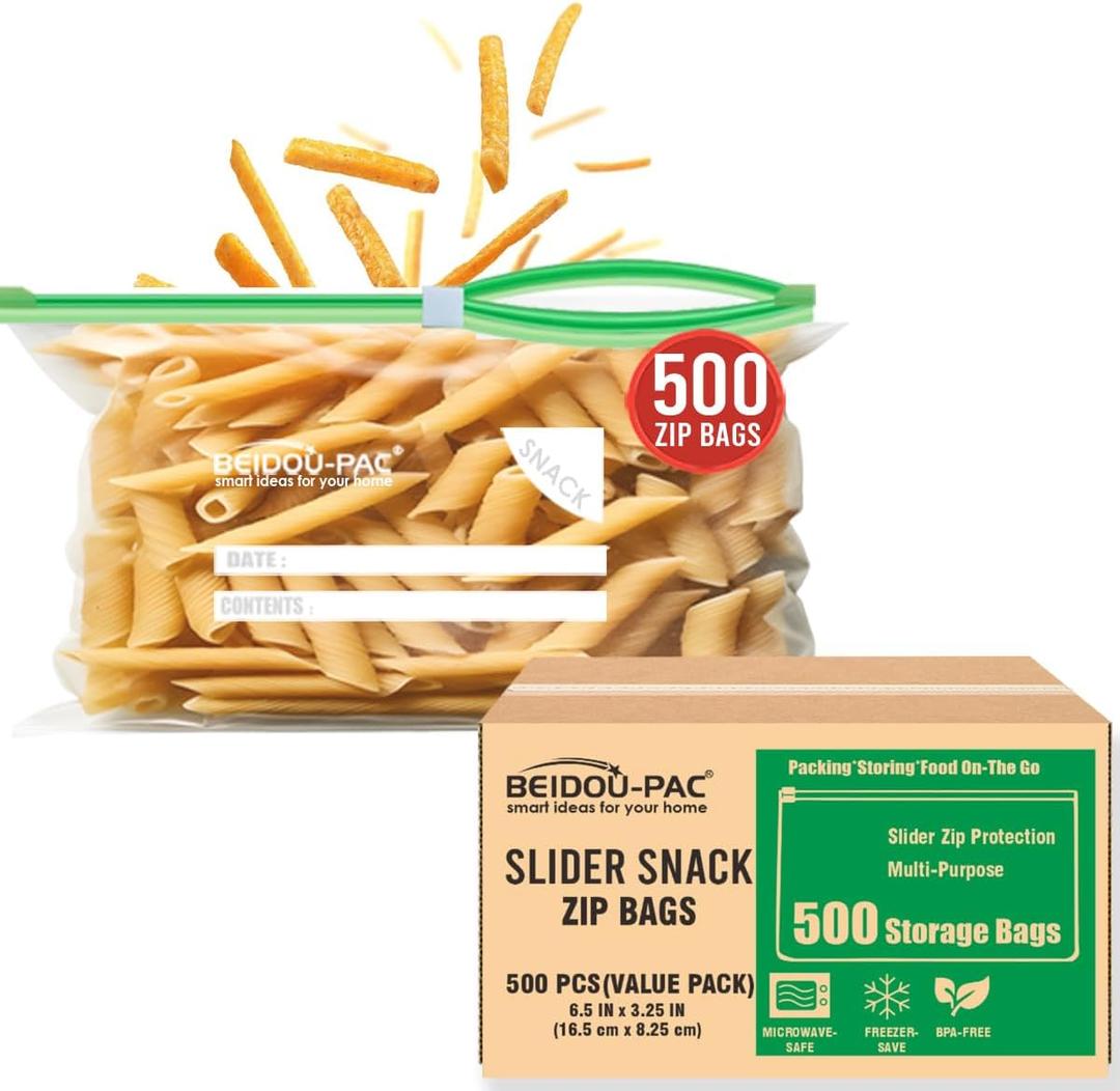 BEIDOU-PAC Slider Snack Storage Zip Bags with Stand-Up Bottom, 500 Count | 2 Mil | 6.5 IN x 3.25 IN, Freshness Easy Open Reclosable Clear Plastic Bags for Food On the Go (Slider-snack-500count)