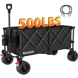42" L Collapsible Foldable Wagon, 500LB Weight Capacity with 220L Heavy Duty Folding Cart,Utility Wagon with Big All-Terrain Beach Wheel, Drink Holders and 2 Bungee Cords,Black