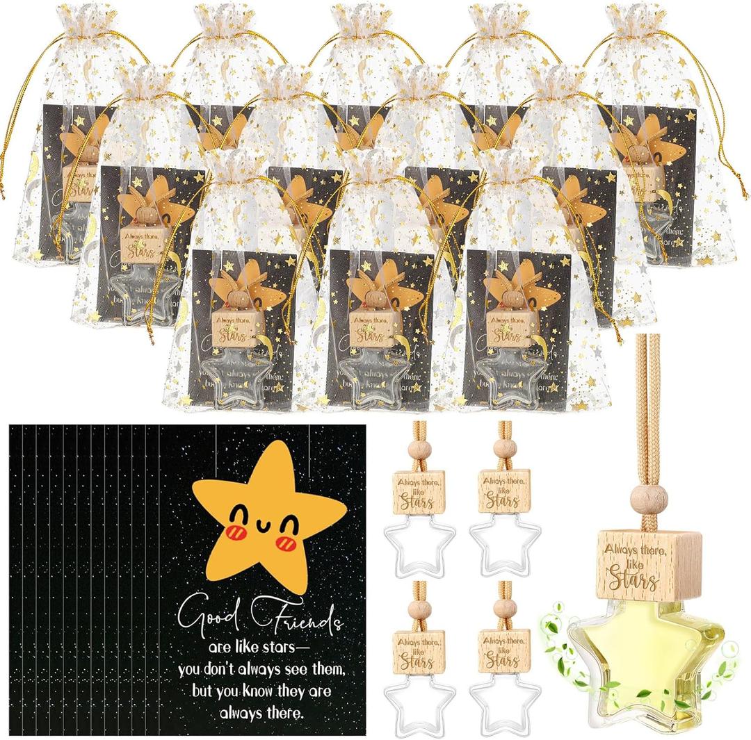 12 Sets Christmas Hanging Car Air Freshener Diffuser Ornament Gratitude Friendsmas Card Star Empty Glass Oil Bottle Thank You Gift Car Freshies for Friend Coworker Office Fragrance Aromatherapy Decor