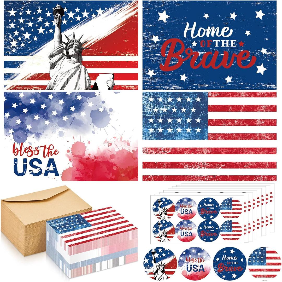 Seajan 200 Sets Patriotic Greeting Cards with Envelopes Stickers 4 x 6 Inch American Flag Blank Cards USA Thank You Note Postcards Bulk for Veteran's Day 4th of July Memorial Day