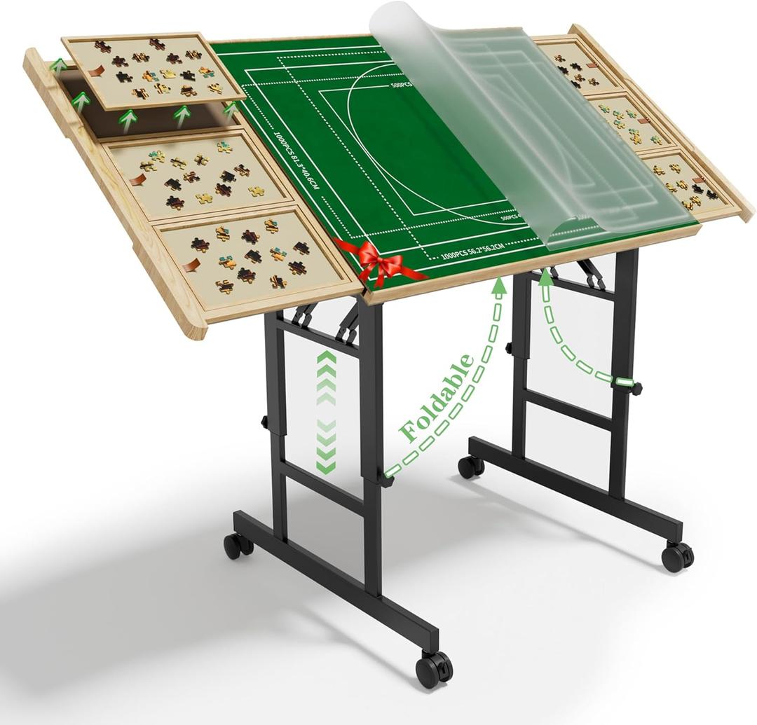 CODACE Puzzle Table with Drawers - 1500 Pieces Folding Puzzle Tables for Adults, Tilting Jigsaw Puzzles Board with Sorting Trays, Table with Adjustable Height Legs and WheelsPresent for Puzzles Lover