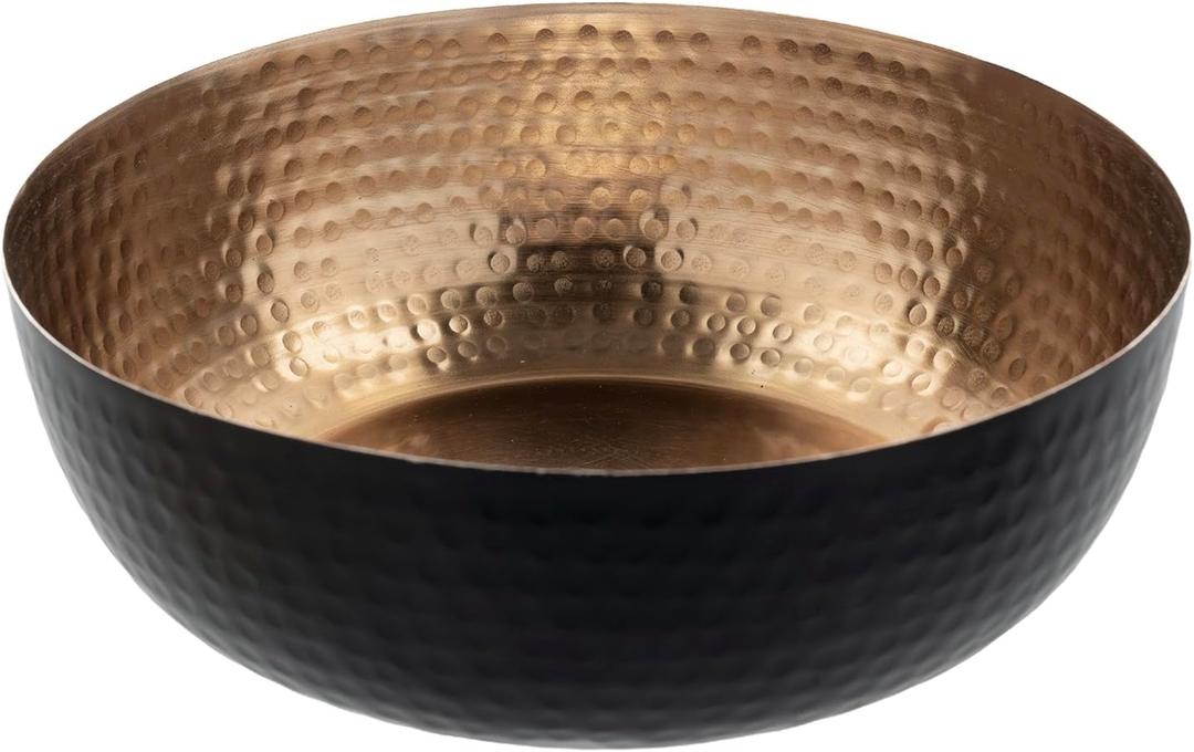 MyGift 8 Inch Art Deco Hammered Black Metal Decorative Bowl with Copper Tone Interior, Home Decor Coffee Table Candy Dish, Key Wallet Catchall - Handcrafted in India