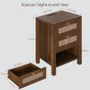 Rattan Night Stand with Drawers - Boho Nightstand with Charging Station, Bedside Table with Storage Shelf, Accent Side Table End Tables Living Room, Wood Nightstands for Bedroom, Walnut, 15.75"D x 18.11"W x 25.2"H