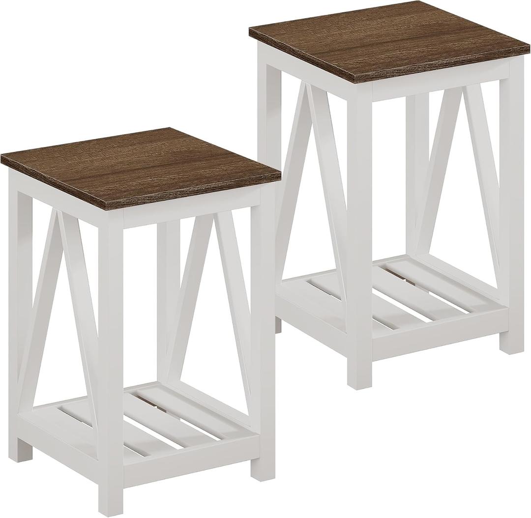 ChooChoo Farmhouse End Table, Rustic Vintage End Side Table with Storage Shelf for Small Spaces, Nightstand Sofa Table for Living Room, Bedroom White 2 Pack