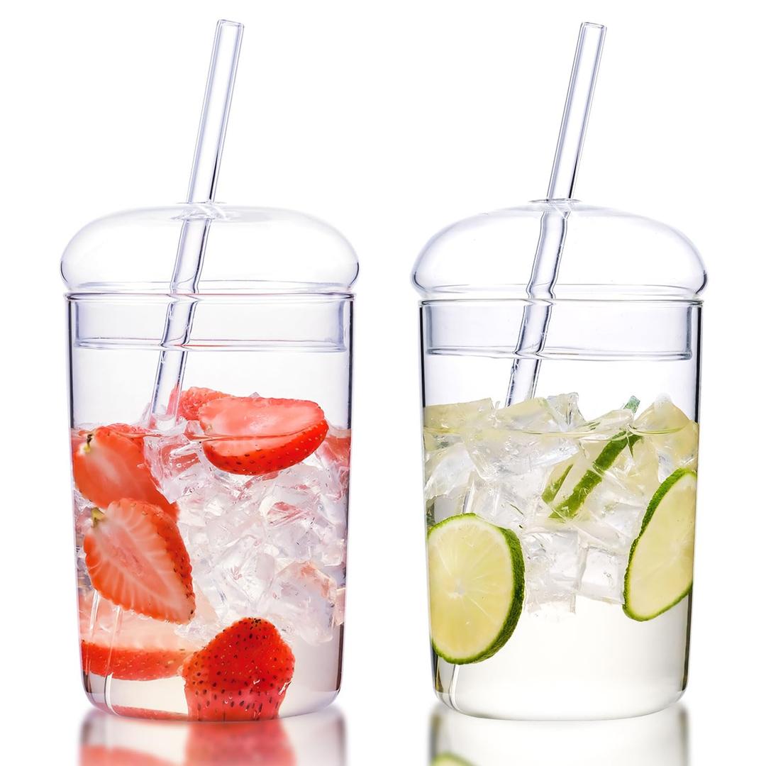 WHJY Glass Tumbler with Lid and Straw, Clear Travel Smoothie Cup, 16oz Heat Resistant Glass Drinking Cup with Lid and Straw - 2 Packs