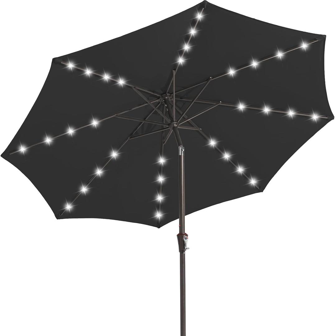 JEAREY Upgrade 9FT LED Lighted Patio Umbrella, Solar Outdoor Umbrella, Tilt Table Umbrella for Pool, Deck & Yard (Jet Black)