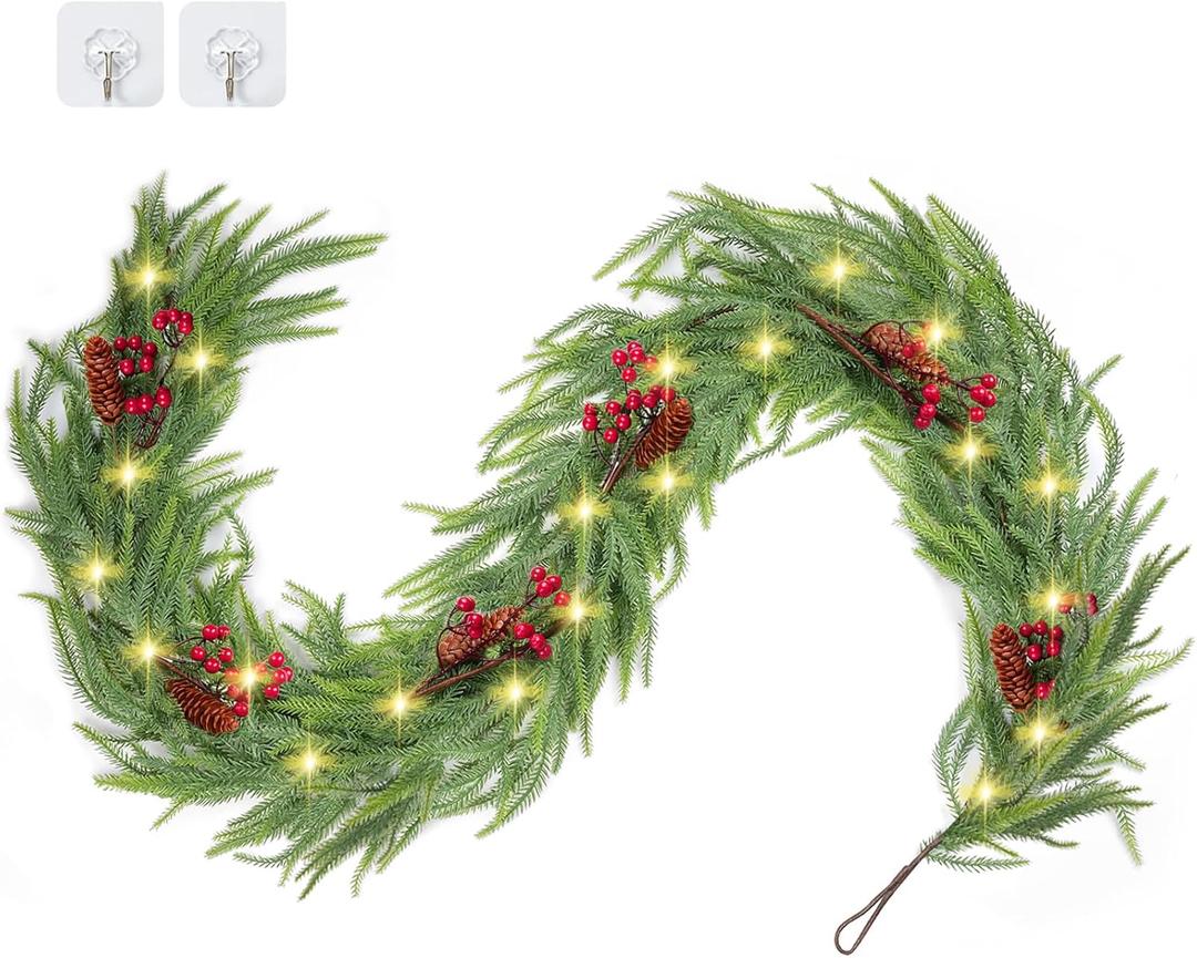 RICHMYC Christmas Garlands Norfolk Pine Garland 6FT Artificial Faux Greenery Cedar Garlands with Pinecones Berries Real Touch for Holiday Mantle Thanksgiving Fireplace Table Indoor Outdoor Porch Decor