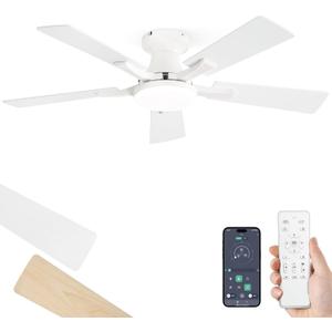 ZMISHIBO 42 Inch Ceiling Fan with Light, App&Remote Control, Flush Mount Low Profile, Dimmable 20W LED Light, Quiet Reversible Motor for Bedroom, Living Room, Apartment, White