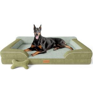 CWAWZ XXL Dog Bed for Extra Large Dogs, Giant Orthopedic Dog Bed with Cooling Gel Memory Foam, Waterproof Pet Bed with Removable Washable Cover, 53" Pet Sofa bed Dutch Velvet with Bone Toy, Dark Green