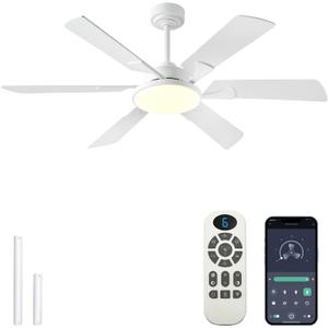 JSAITEE 52 Inch Low Profile Ceiling Fan with Lights, Remote & APP Control, 3CCT Dimmable, 6 Blades 6 Speed Ceiling Fans, Quiet Reversible DC Motor, Modern White Ceiling Fan for Bedroom Living Room
