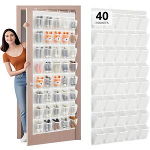 40-Pocket Over the Door Shoe Organizer - Large Mesh Pocket Hanging Shoe Rack for Door, Shoes Storage Holder Sturdy Non-woven Fabric - Stores 20 Pairs (White02)