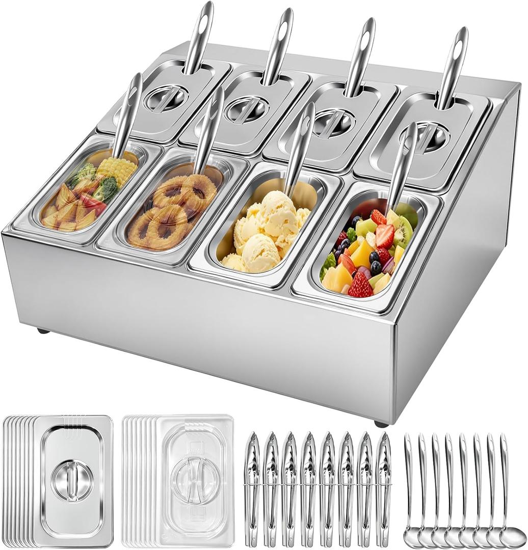 8 Pans Pizza Topping Station Stainless Steel Topping Container