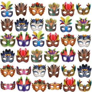 Jerify 48 Pcs Mardi Gras Masks Bulk Paper Carnival Masquerade Feathers Masks Carnival Parade Cosplay Facemask New Orleans Venetian Prom Costume Facemask for Women Adults Costume Party Favors Supplies