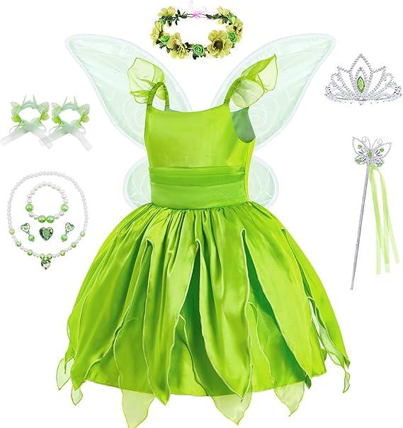 Kid Halloween Fairy Costume Set with Wings, Green Dress Floral Forest Suit, Girls Fantasy Dress Up 100
