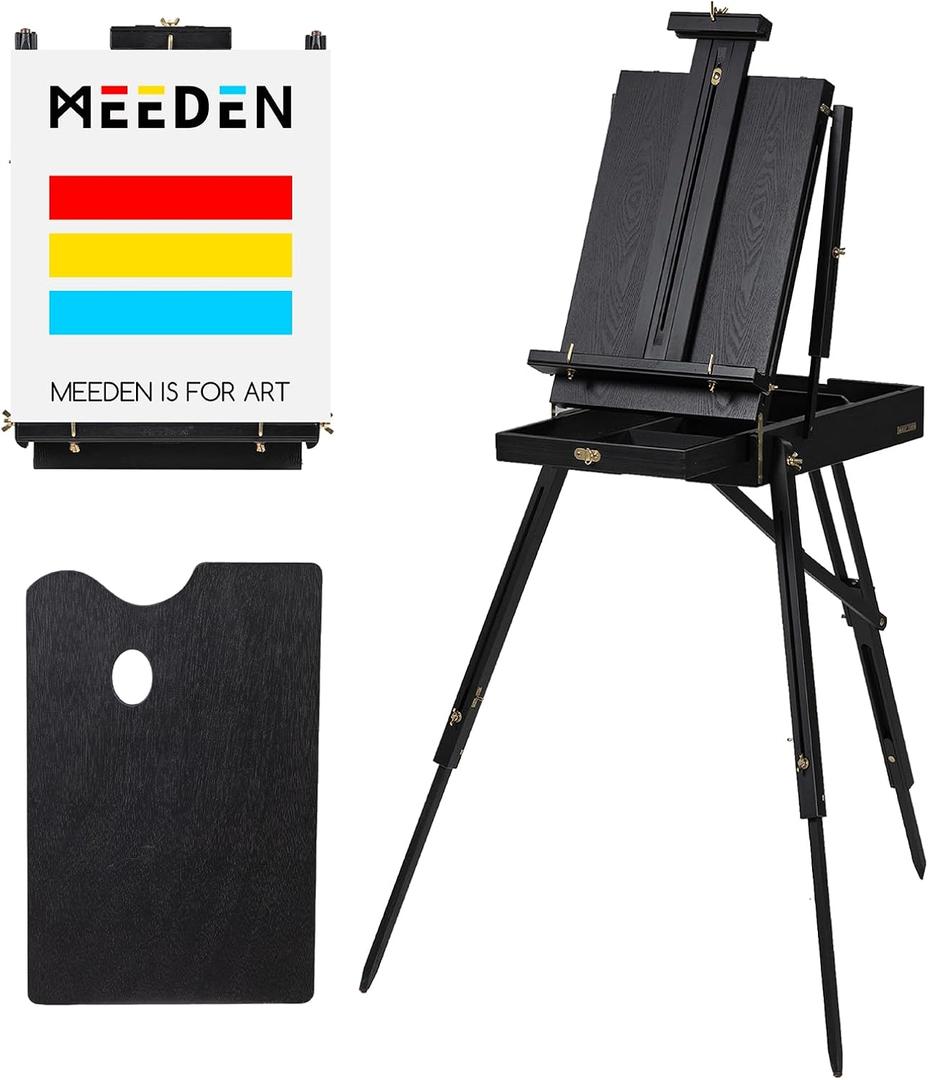 MEEDEN French Easel for Outdoor Painting: Wooden Plein Air Easel Box - 57''-72'' Height Adjustable Travel Easel - Black