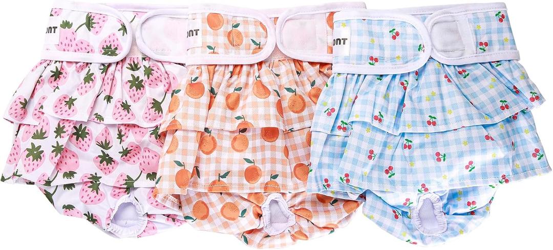Avont 3 Pack Washable Female Dog Diapers, Reusable Period Diapers Cover for Girl Doggies Heat Cycle, Incontinence -Strawberry/Orange/Cherry(S)