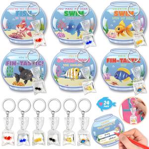 Valentines Day Cards for Kids School, 24 Pack Valentine's Day Gifts for Kids with Resin Fish Charms Classroom Exchange Gifts, 3D Fish Water Bag Charms Valentine Party Favors Prizes for Boys & Girls