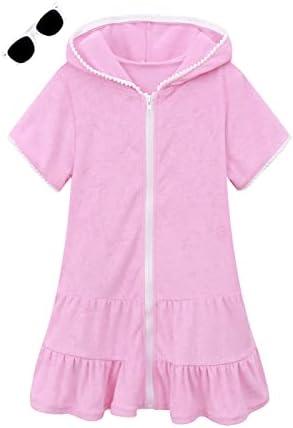 LUCKYGAL Girls Swim Cover Up Kids Swimsuit Coverup Terry Zip-Up Beach Bathing Suit Wraps with Sunglasses, 6