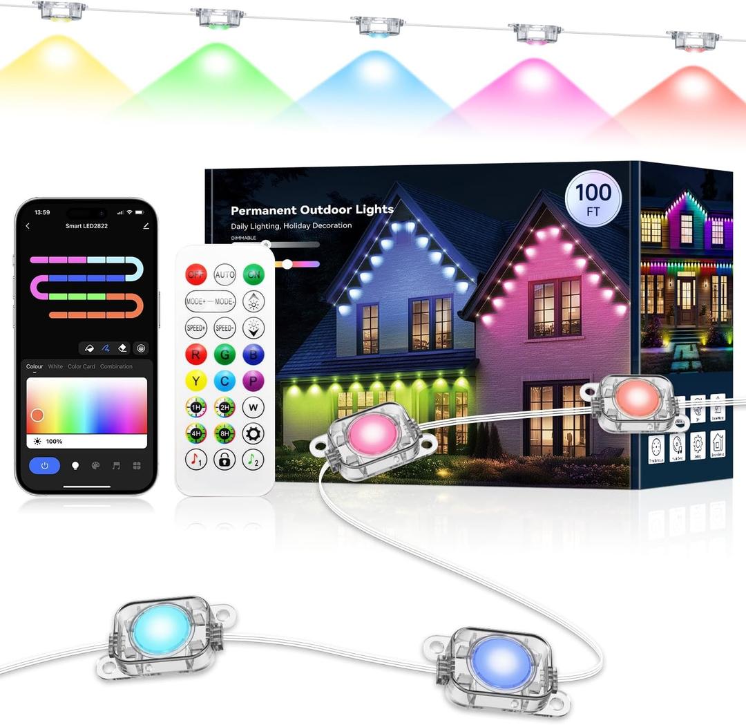 Permanent Outdoor Lights Pro 100FT with 50 Smart IC+RGBCW Christmas Halloween House Lights with Warm/Cool/Nature White LEDs, IP67 Waterproof for Holiday Daily Decor Accent Lighting