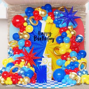 142 Pcs Cartoon Hedgehog Red Blue Yellow Balloon Arch Kit,Gold Circle Twisting Balloons with Exploding Star Foil Balloons for Video Game Theme Birthday Party Carnival Circus Baby Shower Decorations
