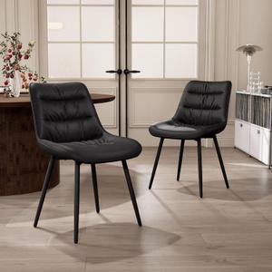 Kidol & Shellder Dining Chairs Set of 2, Modern Upholstered PU Leather Kitchen Side Chairs with Comfortable Back - Mid-Century Armless Chair for Dining Living Room Bedrooms, with Metal Legs (Black)