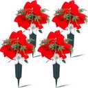4 Set Christmas Artificial Cemetery Flowers Outdoor Grave Decorations Poinsettia Memorial Flowers Accompanied by 2 Long Nail Vases Lasting and Non Bleed Colors for Cemetery Home Decoration