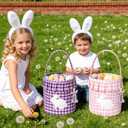 2 Pack Easter Basket with Bunny Name Tags Pink Purple Gingham Fabric with Embroidered Bunny Pattern Bucket with Handle and Ruffle Trim Reusable Rabbit Gift Bag for Easter Eggs Hunt Decorations