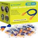 TICONN 100 Pairs Reusable Silicone Ear Plugs for Sleeping Noise Cancelling, Individually Wrapped 25dB NRR Corded Earplugs for Study Concentration Travel (100 Pairs)