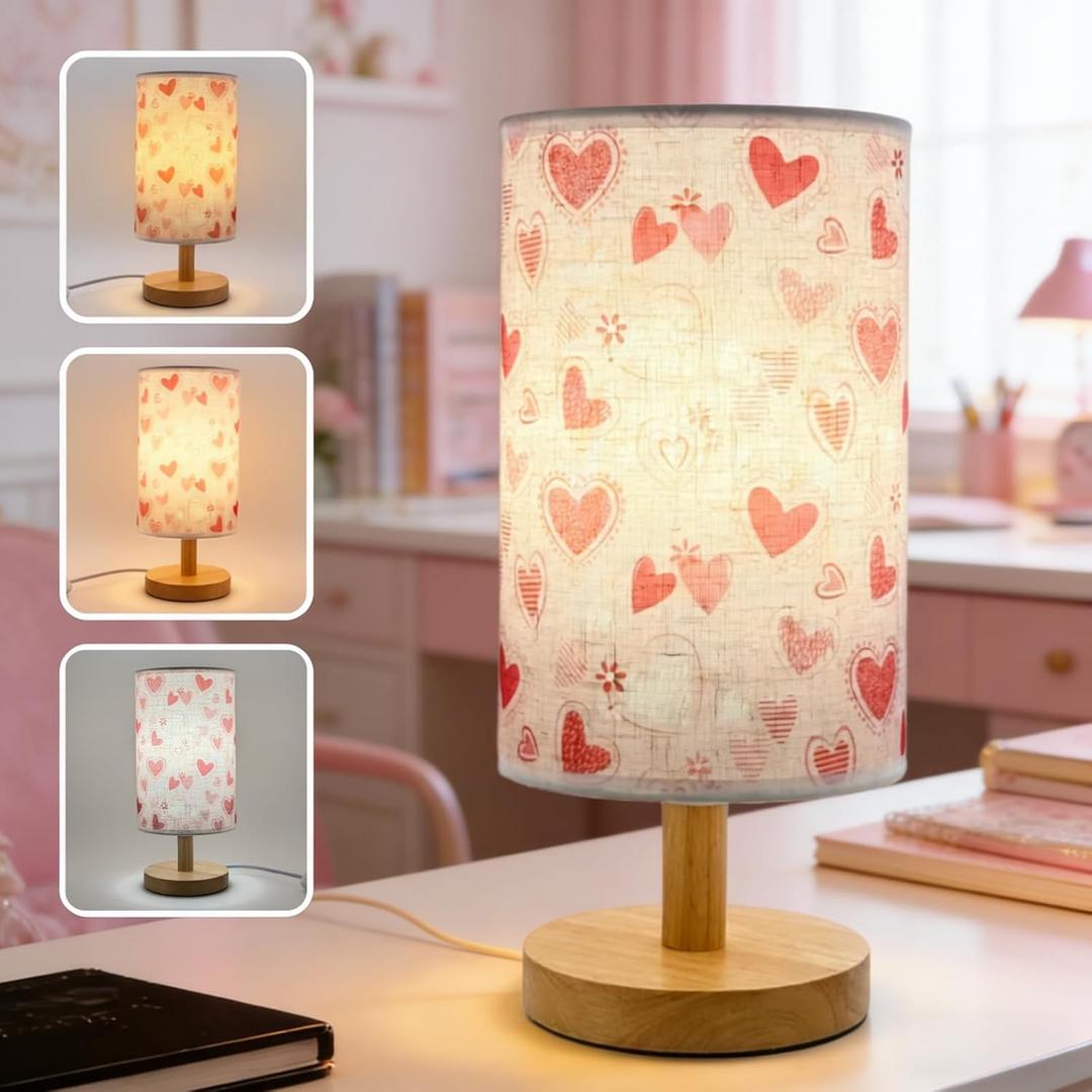 Boho Kids Table Lamp for Bedroom Girls Bedside Lamps,3-Way Dimmable Wood Base Nightstand Night Light with Pink Heart Pattern Lampshade for Living Bedroom Kids Room Office or Home Decor,Gifts for Woman
