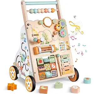 Wooden Baby Walker with Wheels, Push Walker with Baby Activity Center, Montessori Walking Toy for Girls Boys, Ajustable Speed & Height Activity Toy for Toddler Learning to Walk