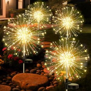 Solar Fireworks Lights Outdoor Waterproof Garden Fairy Light Outside Solar Sparkles Landscape Lights 120 LED Decorative Outdoor for Backyard Patio Pathway Lawn Party Walkway Decor, 4 Pack (Warm White)