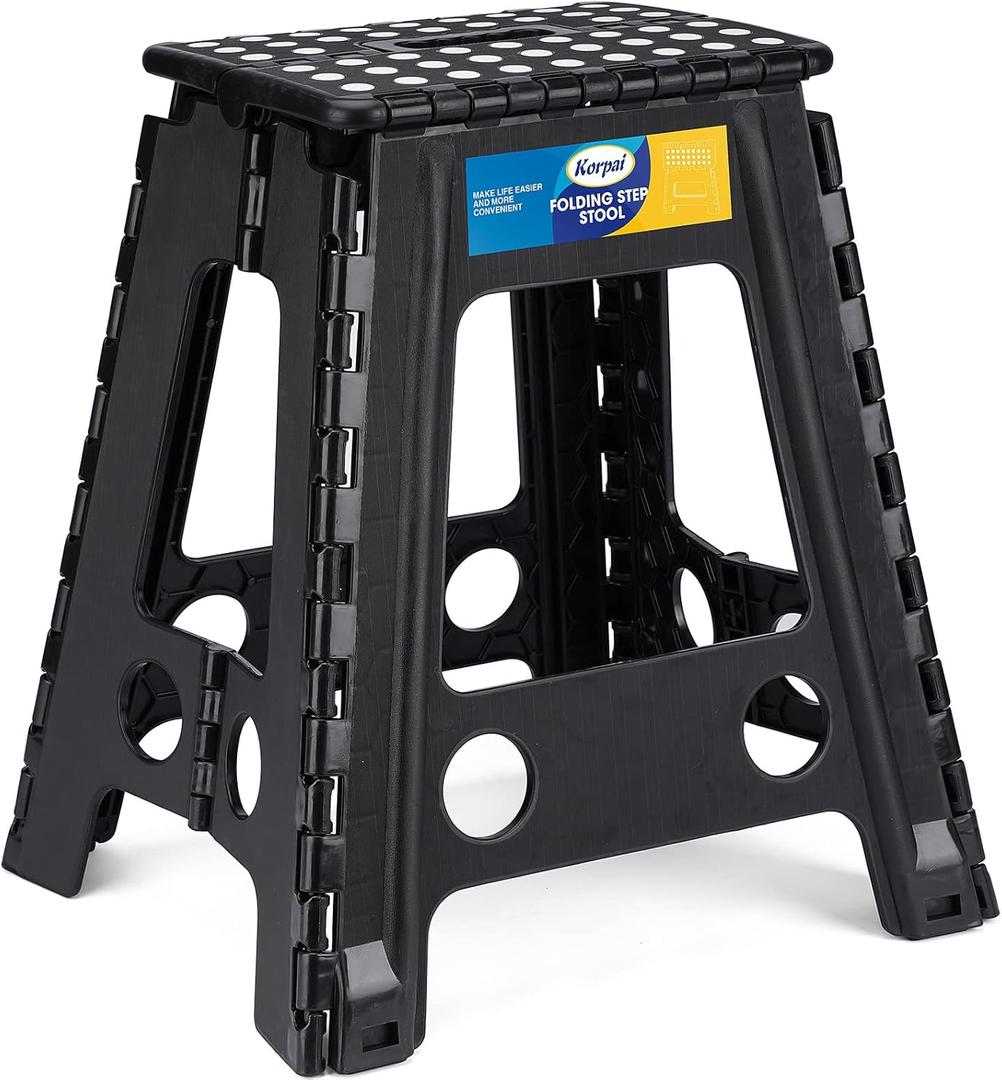 Korpai 18" Folding Step Stool for Adults and Kids Holds Up to 300 lbs,Non-Slip Folding Stools with Portable Handle, Compact Plastic Foldable Step Stool for Bathroom,Bedroom, Kitchen,Black,1PC