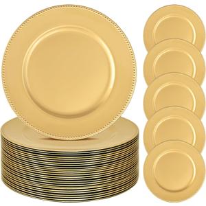 24 Pcs Gold Charger Plates Bulk, 13" Round Beaded Plate Chargers for Dinner Plates, Decorative Dinner Chargers Plastic Table Chargers for Wedding Holiday Party Baby Shower Event Decoration (Gold)