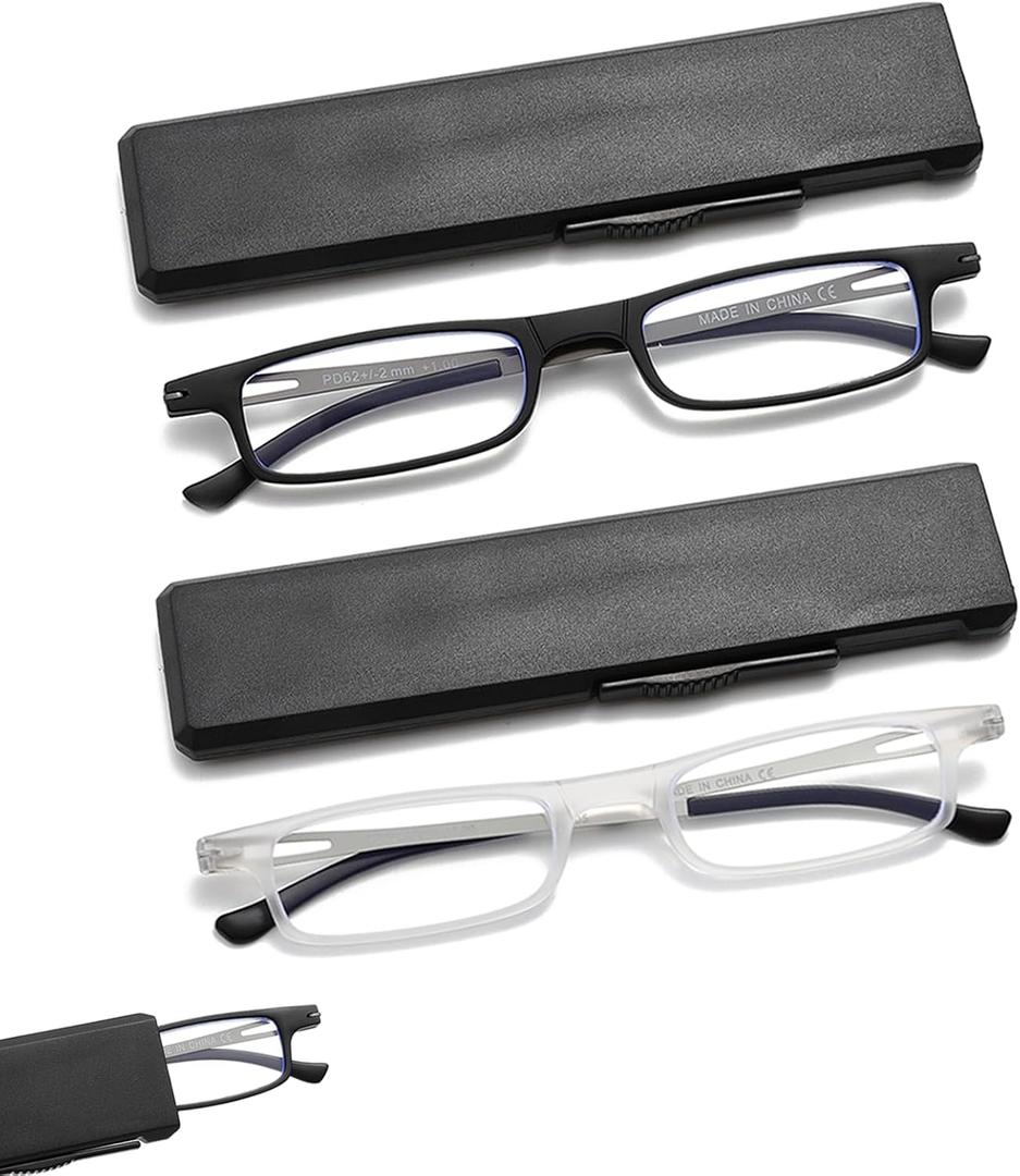 Ultra Thin Folding Reading Glasses For Women Men Compact TR90 Blue Light Blocking Readers With Portable Slim Flat Case (2 Pack (Black+Transparent))