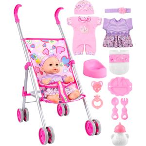 GAGAKU Baby Doll Stroller Playset with 12-inch Doll & Accessories, Foldable Lightweight Toy Stroller for Toddler Girls Kids Ages 1-6, 12" Baby Doll and Accessories Included
