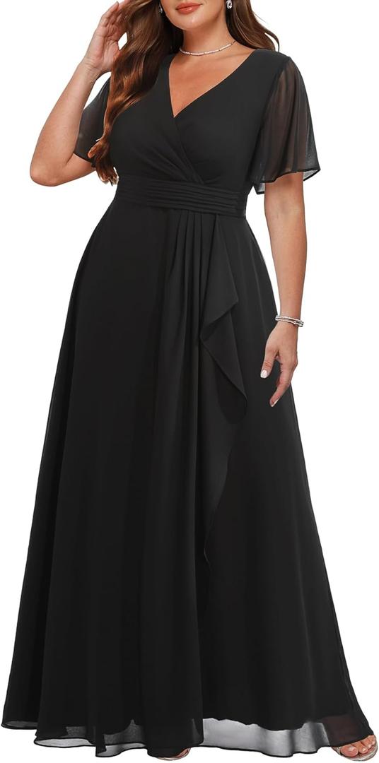 Talisea Plus Size Formal Dresses - Wedding Guest Bridesmaid Evening Prom Chiffon V Neck Ruffle Short Sleeves Long Dress Women (Black). Size 18W