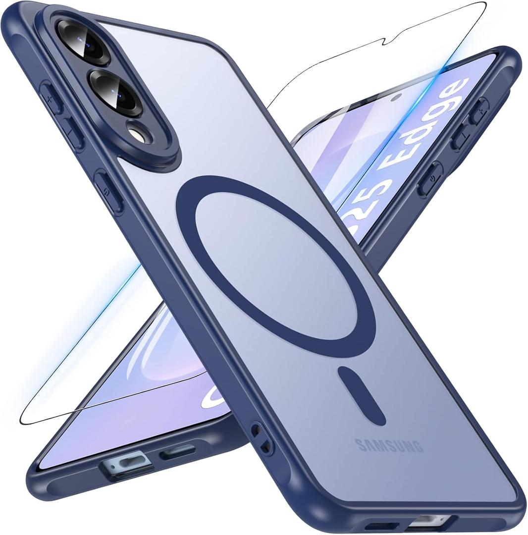 OWKEY for Samsung Galaxy S25 Edge Case 6.7'', Magnetic S25 Edge Case for Magsafe with Tempered Glass Screen, [Shockproof Military] Translucent Back Slim Bumper Cover Phone Case Galaxy s25 Edge, Blue