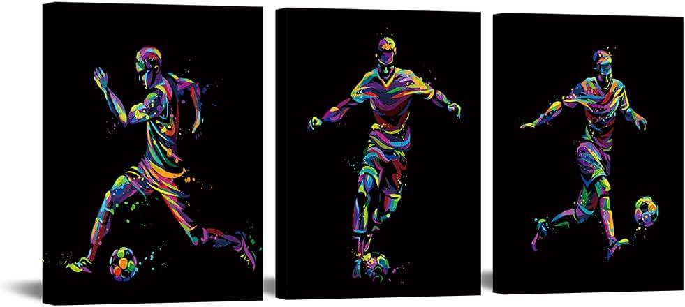 VANSEEING 3 Piece Sports Canvas Wall Art for Boys Room Soccer Ball Particle Silhouette Poster Giclee Print Football Pictures Painting Framed Ready to Hang Boys Kids Room Gym Decor 12x16inchx3pcs