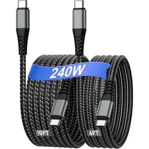 Cabepow 240W USB C to USB C Cable [2-Pack 6FT+10FT], USB C to C Fast Charging Cord, Braided Type C to Type C Cable for iPhone 17/16/15/Samsung S25/S24/MacBook/iPad/Switch/Android Phones&Laptops-Black