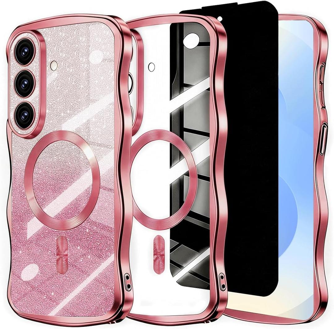 Glitter for Galaxy S26 Case with Camera Lens Protector,[Privacy Screen Protector] Bling Sparkle Protective Magnetic Phone Case for Women Shiny Gradient Cover for Galaxy S26 Pink