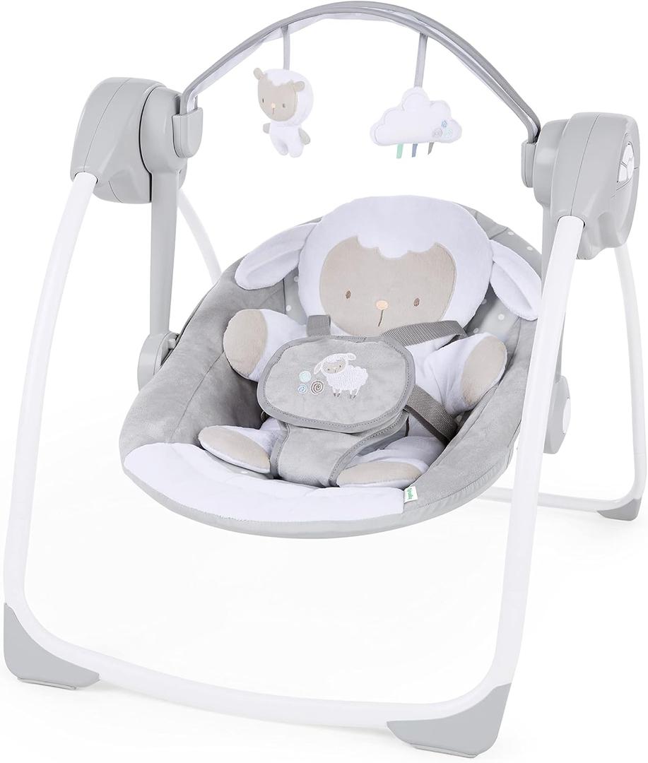 Ingenuity Comfort 2 Go Compact Portable 6-Speed Cushioned Baby Swing with Music, Folds Easy, 0-9 Months 6-20 lbs (Cuddle Lamb)