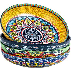 HENXFEN LEAD 33 oz Ceramic Pasta Bowls Set of 4, 8 Inch Wide & Shallow Bowls  Colorful Serving Bowls for Salad, Soup, Pasta, Microwave & Dishwasher Safe