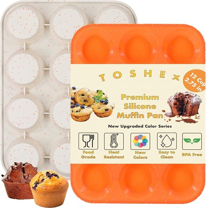 Silicone Muffin Pan 24 Cup Regular Silicone Cupcake Pan Non-stick Baking Molds Great for Making Muffin Cakes, Bread, Tart, Brownies (Cream & Orange, Pack of 2, 24 Cup)