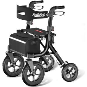 Walkers for Seniors, Rollator Walker with Seat, 12" Big Rubber Wheels All Terrain Rolling Walker with Backrest, Foldable Rollator Walker, Reinforced Aluminum Frame, Black