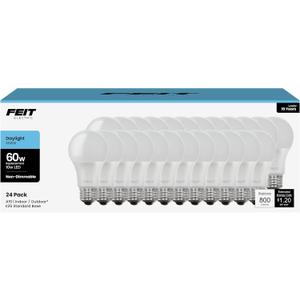 Feit Electric A19 LED Light Bulbs, 60W Equivalent, Non Dimmable, 800 Lumens, E26 Standard Base, 5000k Daylight, 80 CRI, 10 Year Lifetime, Energy Efficient, 24 Pcs, A800850/10KLED/MP/24